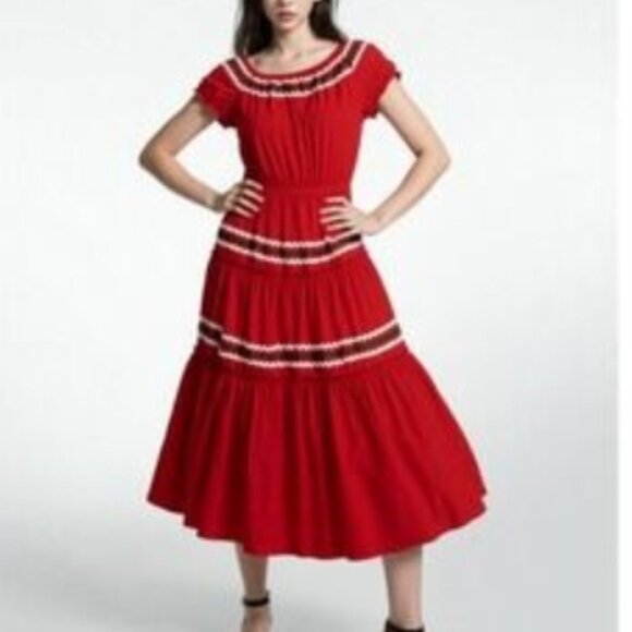 Tory Burch Embroidered Peasant Midi Dress Rickrack Trim Red Green White S, M$485 - Picture 5 of 9